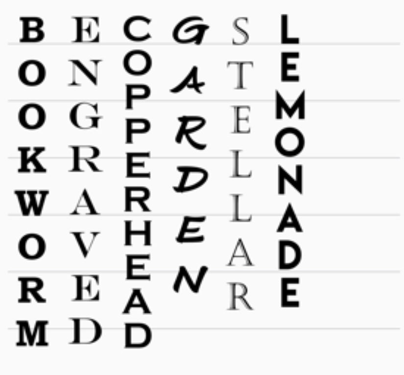 Stacked word samples in several lettering styles